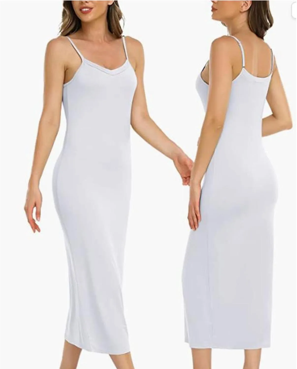 Women's Basic Full Slip Adjustable Spaghetti Strap Camisole Midi Dress Casual Sleeveless Deep V Nightgown