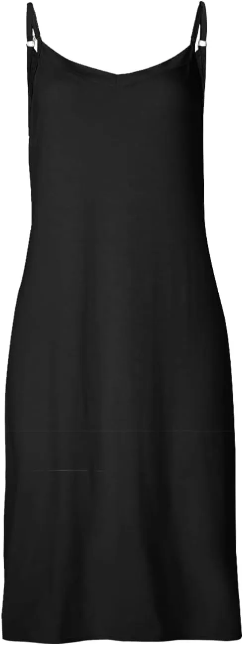 Women's Basic Full Slip Adjustable Spaghetti Strap Camisole Midi Dress Casual Sleeveless Deep V Nightgown