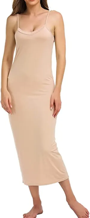 Women's Basic Full Slip Adjustable Spaghetti Strap Camisole Midi Dress Casual Sleeveless Deep V Nightgown