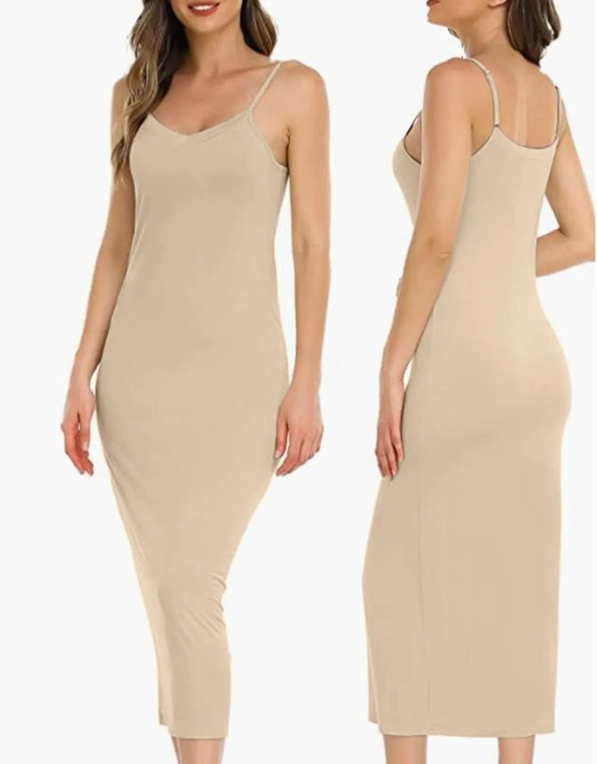Women's Basic Full Slip Adjustable Spaghetti Strap Camisole Midi Dress Casual Sleeveless Deep V Nightgown