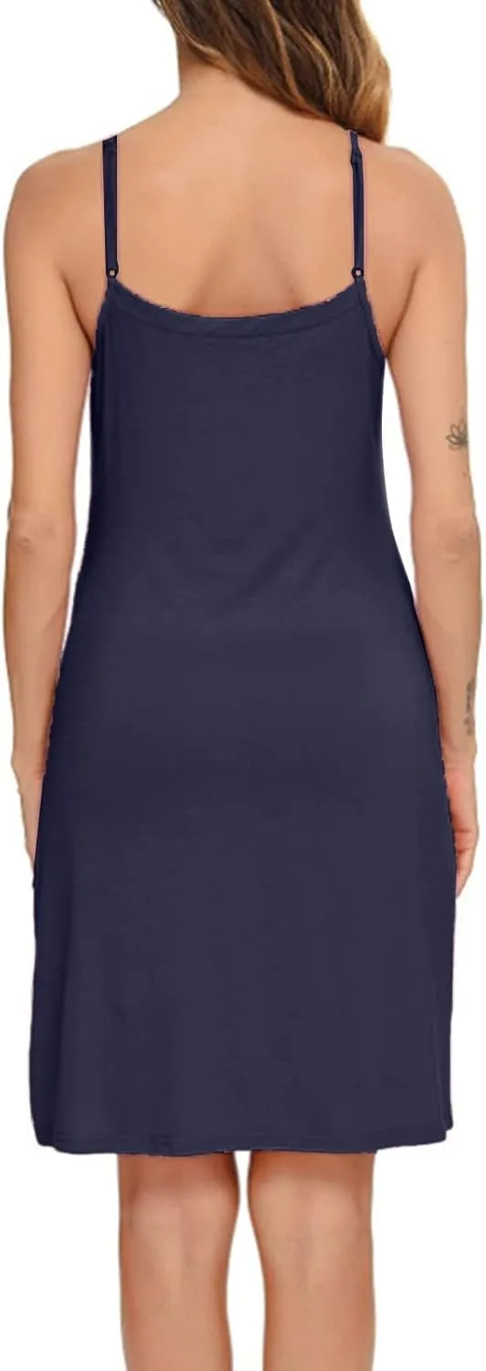 Women's Basic Full Slip Adjustable Spaghetti Strap Camisole Midi Dress Casual Sleeveless Deep V Nightgown