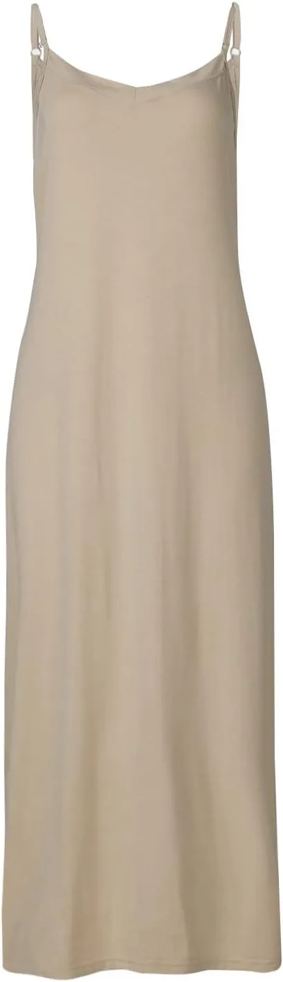 Women's Basic Full Slip Adjustable Spaghetti Strap Camisole Midi Dress Casual Sleeveless Deep V Nightgown