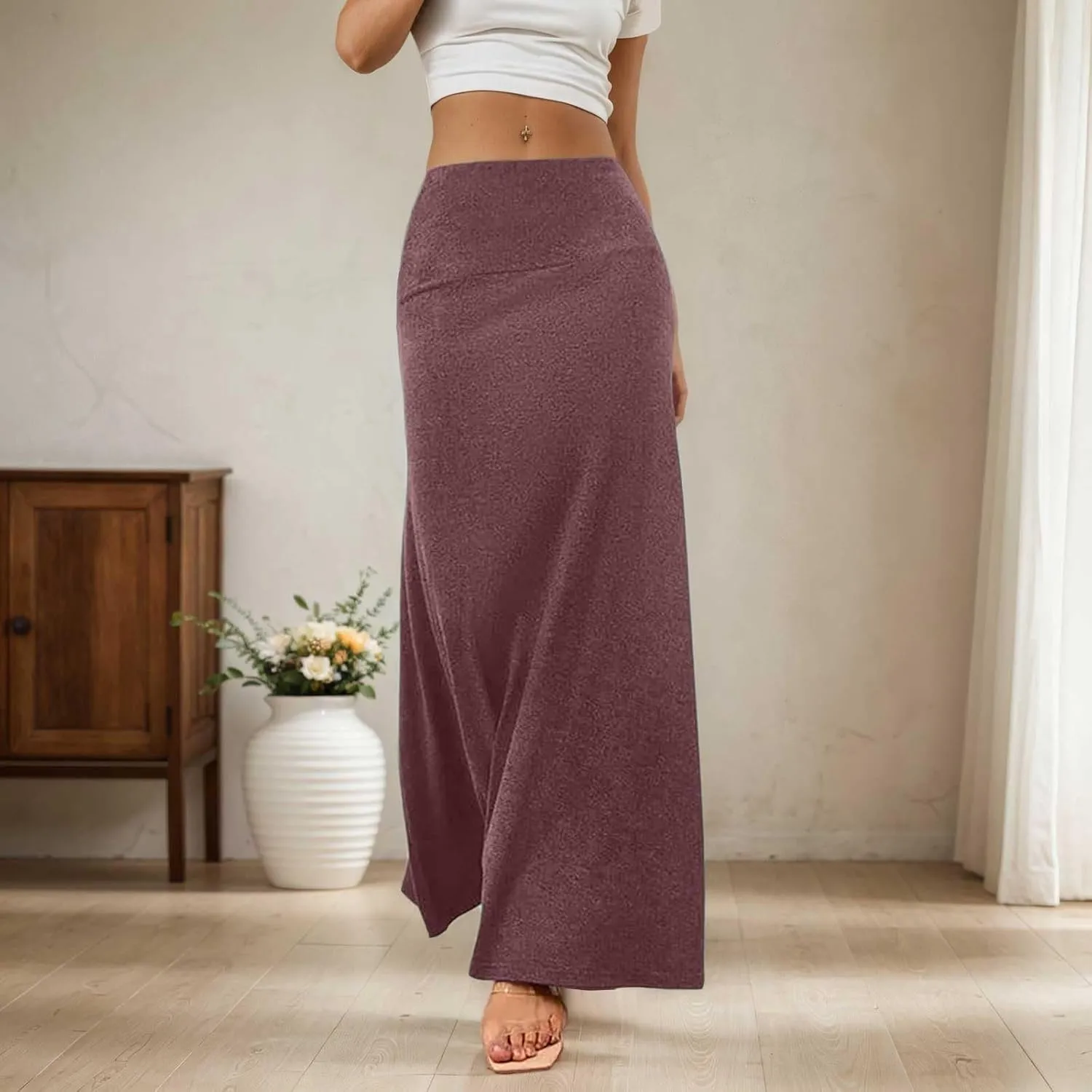 Women's Bodycon Knitted Pencil Skirts Elastic Split High Waisted Midi Skirt Trendy Summer Casual Long Aline Skorts