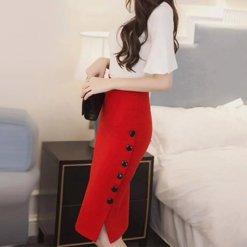 Women's Bodycon Maxi Skirt Dressy Casual Slim High Waist Button Side Slit Pencil Long Skirts Fashion Outfits Clothes