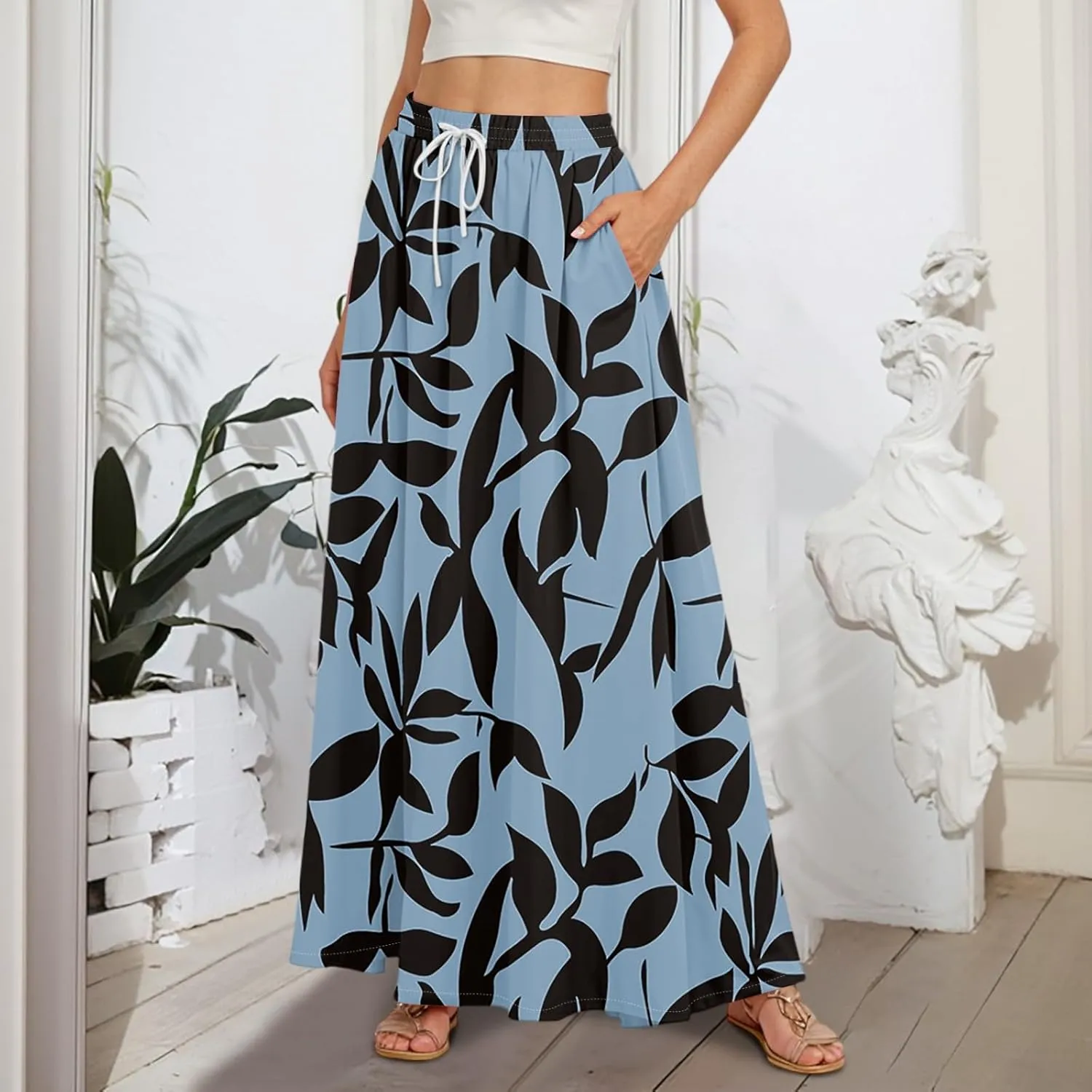 Women's Boho Floral Print Elastic Waist Beach Resort A Line Maxi Skirt with Pocket, S-2XL