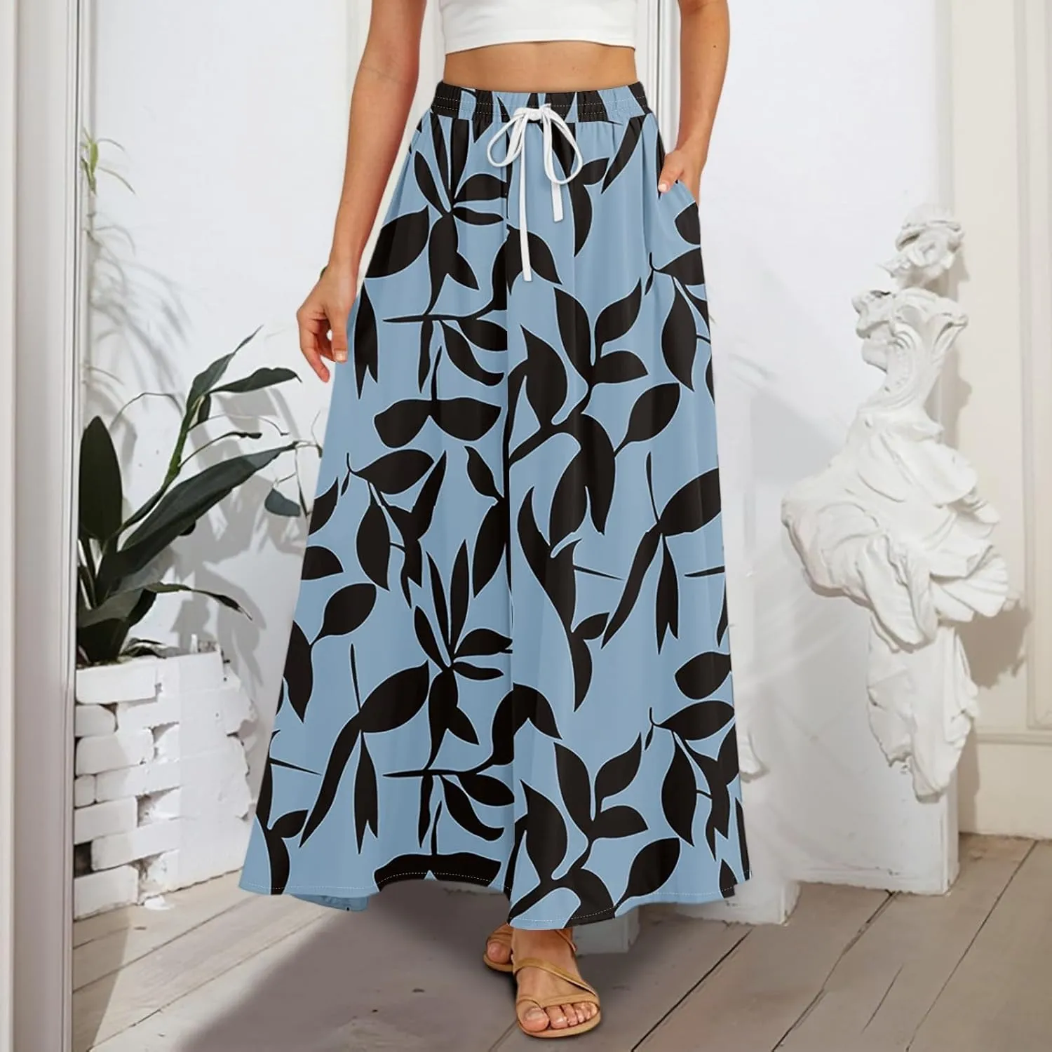 Women's Boho Floral Print Elastic Waist Beach Resort A Line Maxi Skirt with Pocket, S-2XL