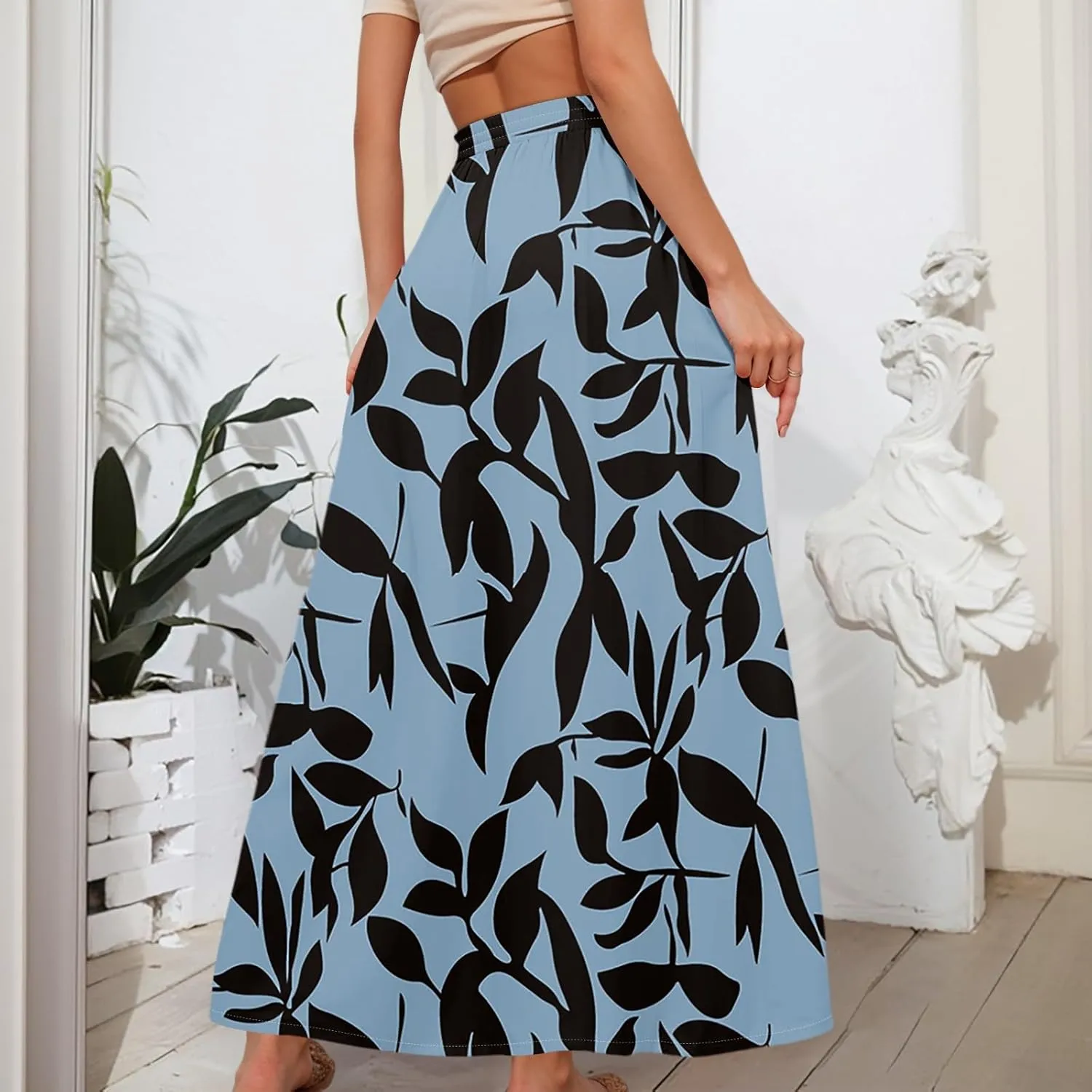 Women's Boho Floral Print Elastic Waist Beach Resort A Line Maxi Skirt with Pocket, S-2XL