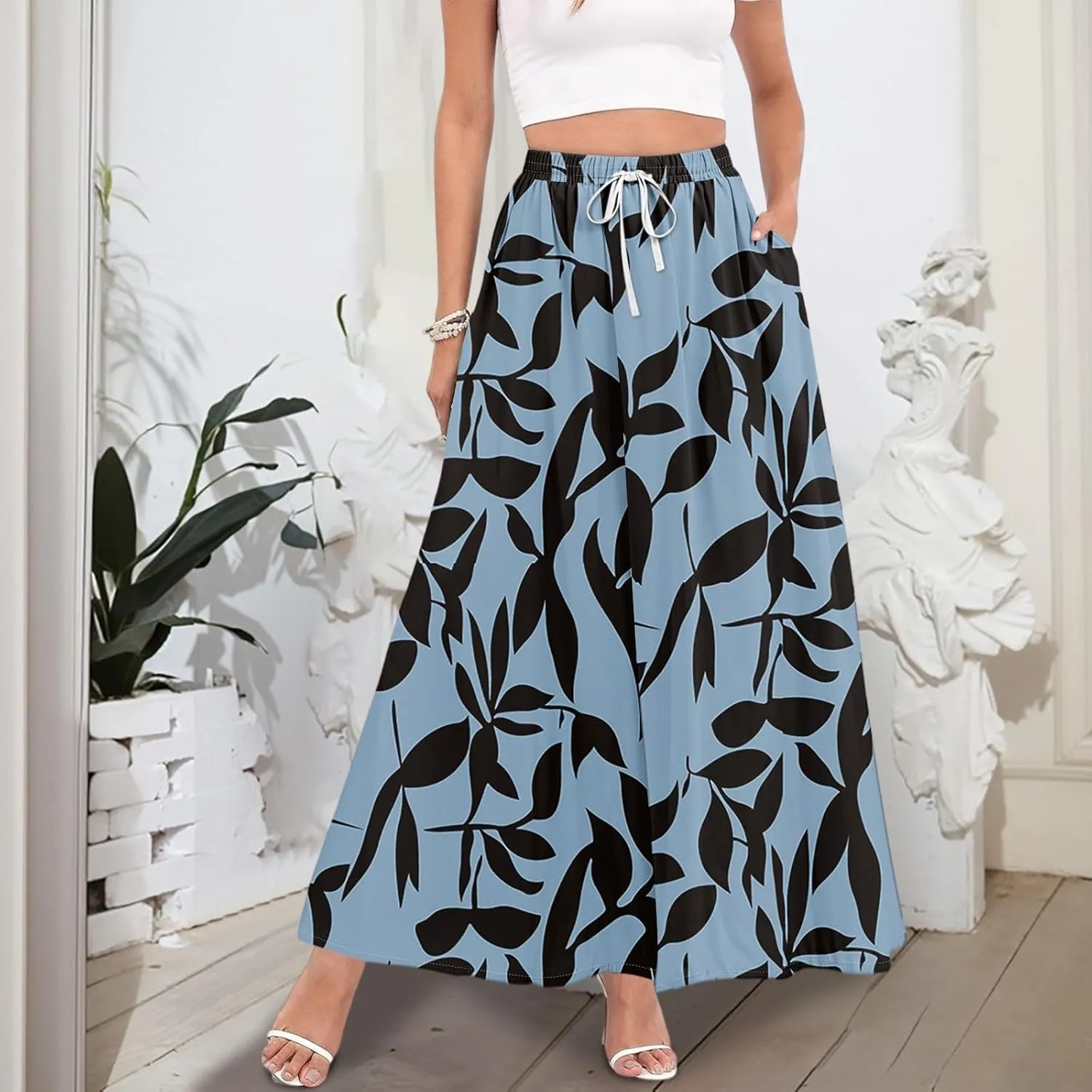 Women's Boho Floral Print Elastic Waist Beach Resort A Line Maxi Skirt with Pocket, S-2XL