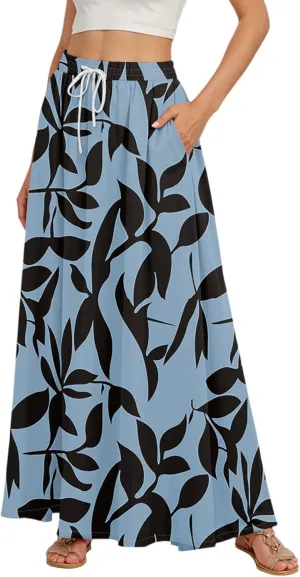 Women's Boho Floral Print Elastic Waist Beach Resort A Line Maxi Skirt with Pocket, S-2XL