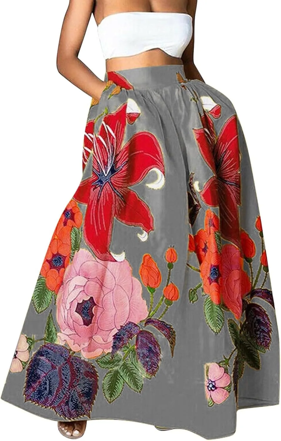 Women's Boho Floral Printed Maxi Long Skirts Summer Casual Beach High Waisted Mopping Floor Length Skirt with Pockets
