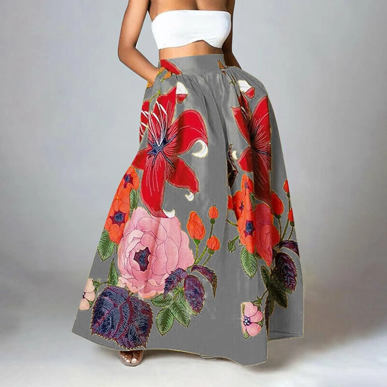 Women's Boho Floral Printed Maxi Long Skirts Summer Casual Beach High Waisted Mopping Floor Length Skirt with Pockets