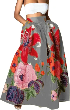 Women's Boho Floral Printed Maxi Long Skirts Summer Casual Beach High Waisted Mopping Floor Length Skirt with Pockets