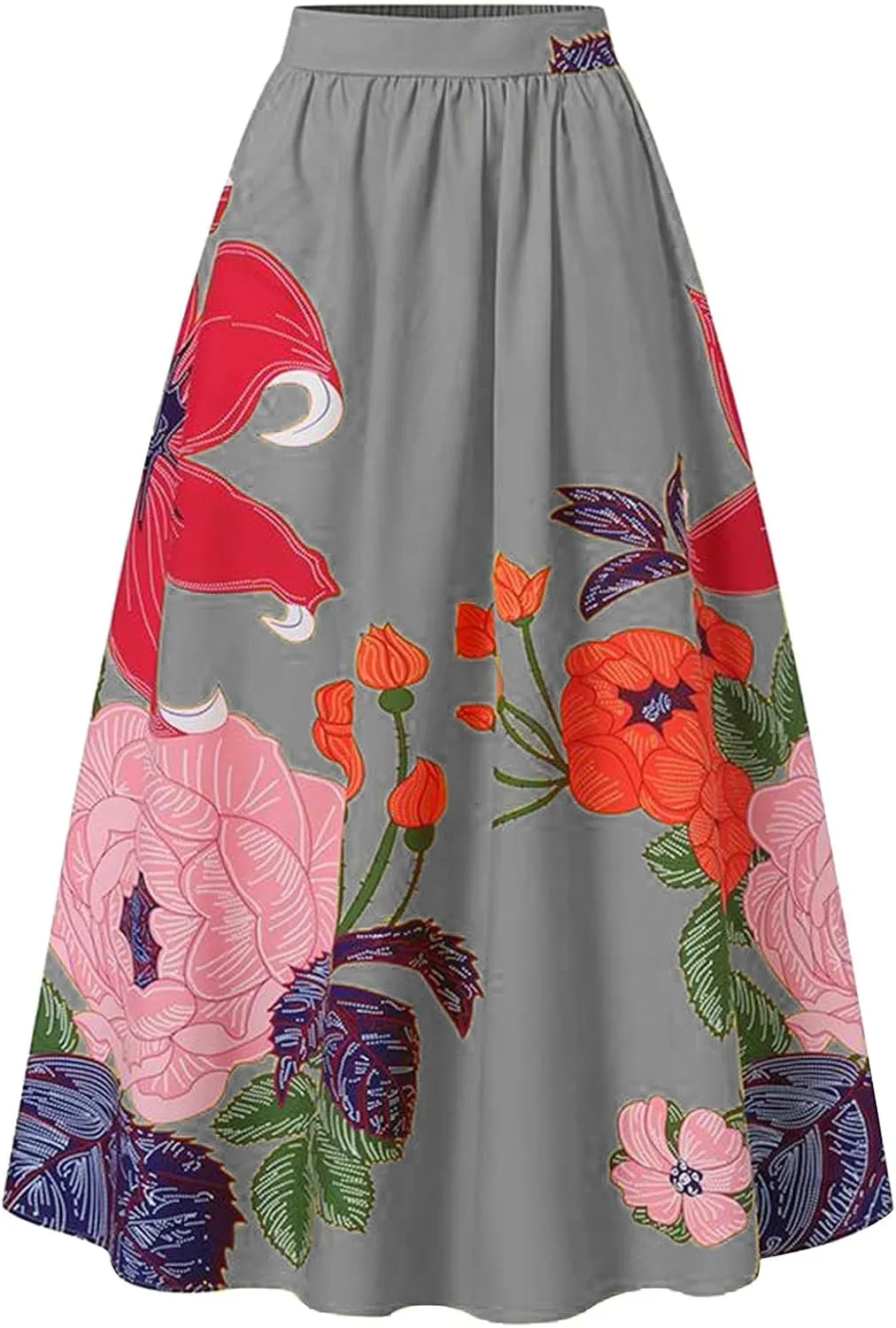 Women's Boho Floral Printed Maxi Long Skirts Summer Casual Beach High Waisted Mopping Floor Length Skirt with Pockets