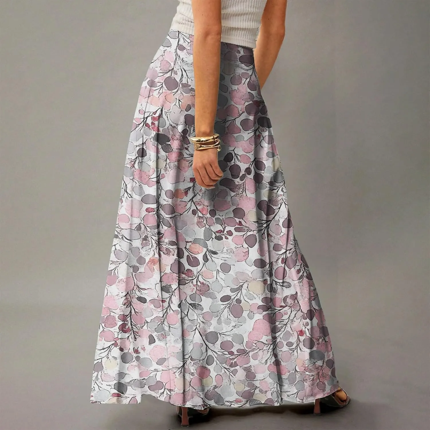 Women's Boho Floral Skirt Casual Elastic High Waist Maxi Skirts Flowy A Line Beach Long Skirt Pleated, S-2XL