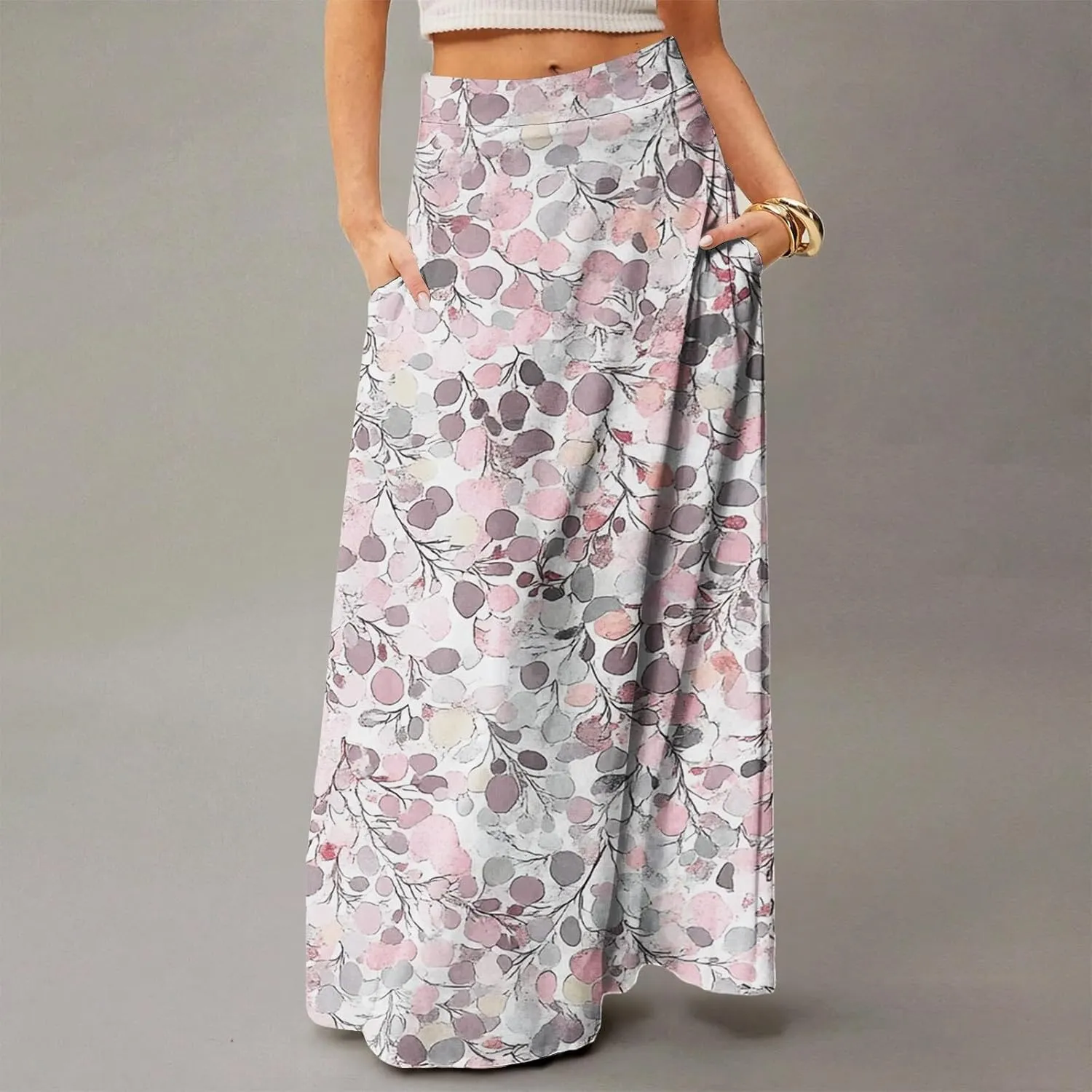 Women's Boho Floral Skirt Casual Elastic High Waist Maxi Skirts Flowy A Line Beach Long Skirt Pleated, S-2XL