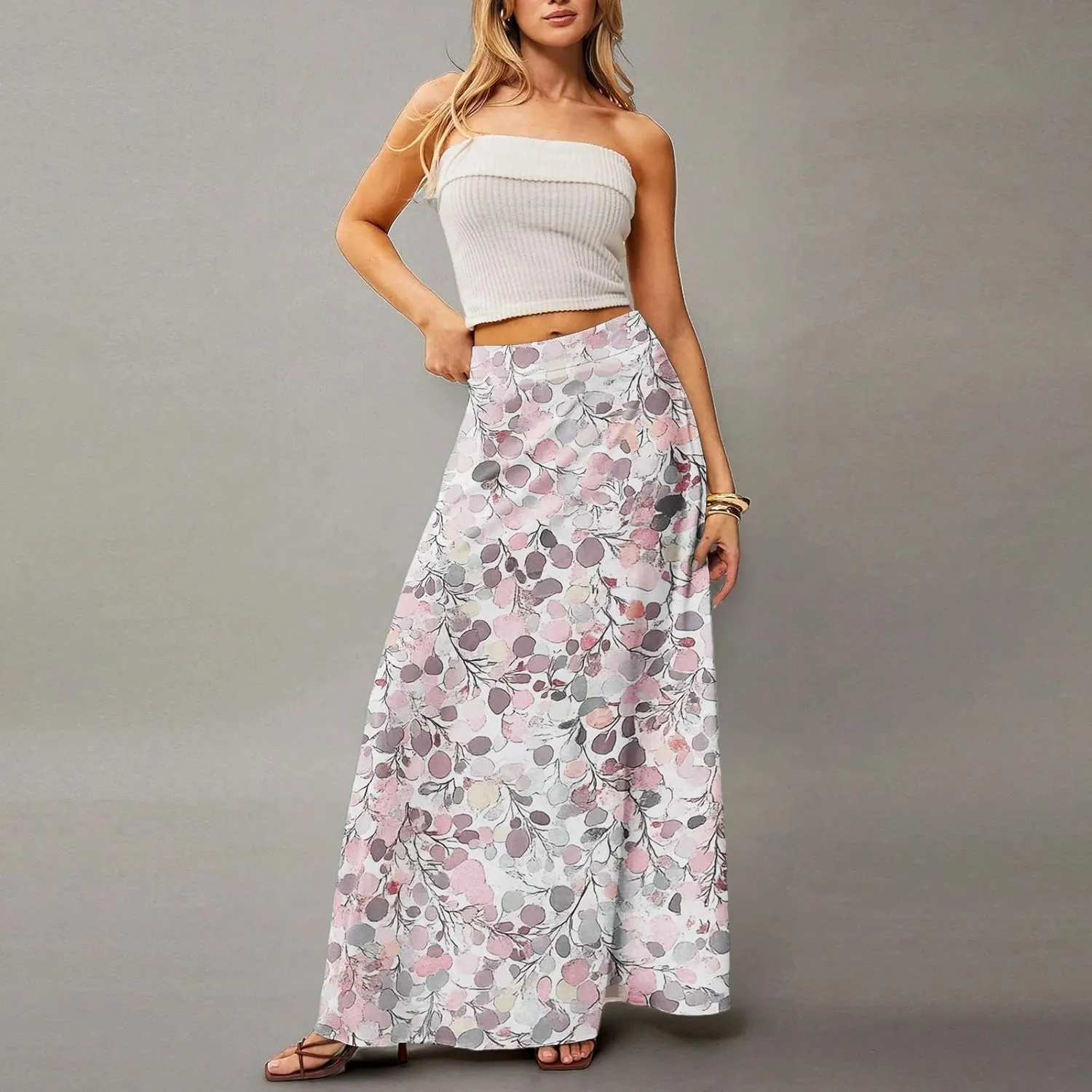 Women's Boho Floral Skirt Casual Elastic High Waist Maxi Skirts Flowy A Line Beach Long Skirt Pleated, S-2XL
