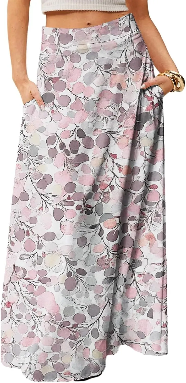 Women's Boho Floral Skirt Casual Elastic High Waist Maxi Skirts Flowy A Line Beach Long Skirt Pleated, S-2XL
