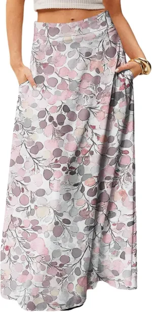 Women's Boho Floral Skirt Casual Elastic High Waist Maxi Skirts Flowy A Line Beach Long Skirt Pleated, S-2XL