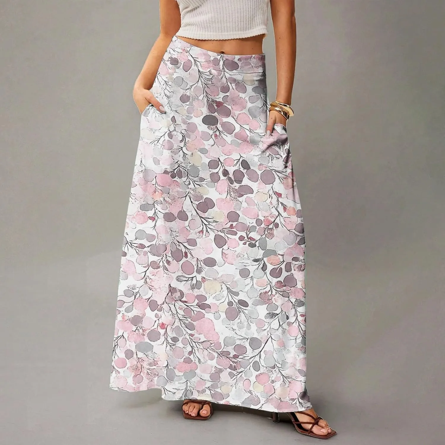 Women's Boho Floral Skirt Casual Elastic High Waist Maxi Skirts Flowy A Line Beach Long Skirt Pleated, S-2XL