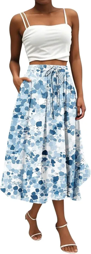 Women's Boho Outfits 2025 Bohemian Long Skirts Flowy High Waist A Line Summer Pleated Skirts, S-2XL