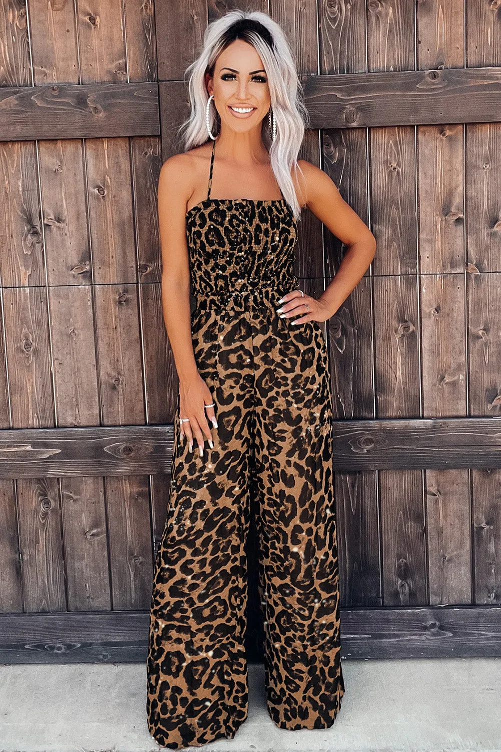 Women's Brown & Black Leopard Wide Leg Strappy Jumpsuit