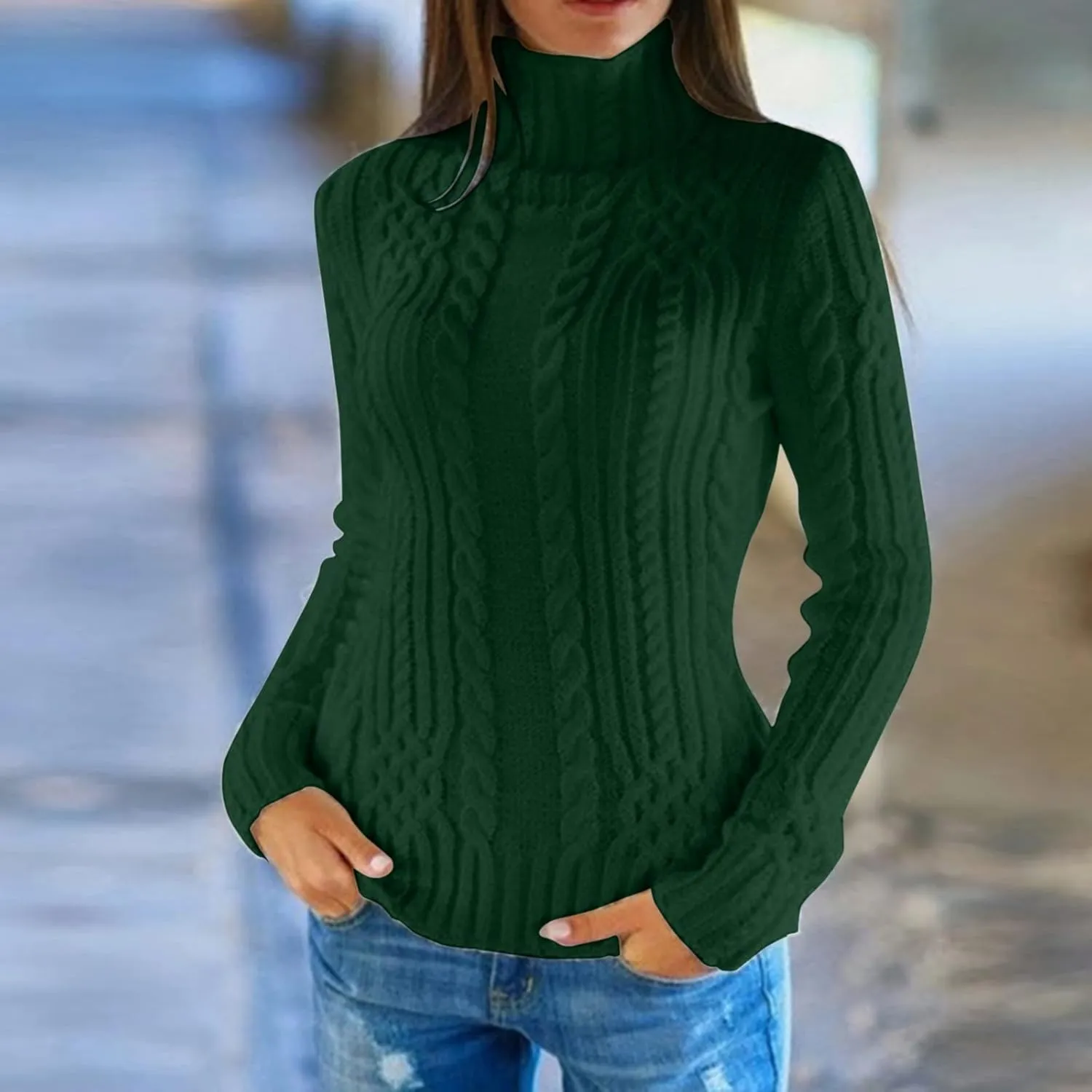 Women's Cable Knit Turtleneck Sweater Long Sleeve Slim Pullover Tunic Top Chunky Knitted Jumper Fall Sweaters