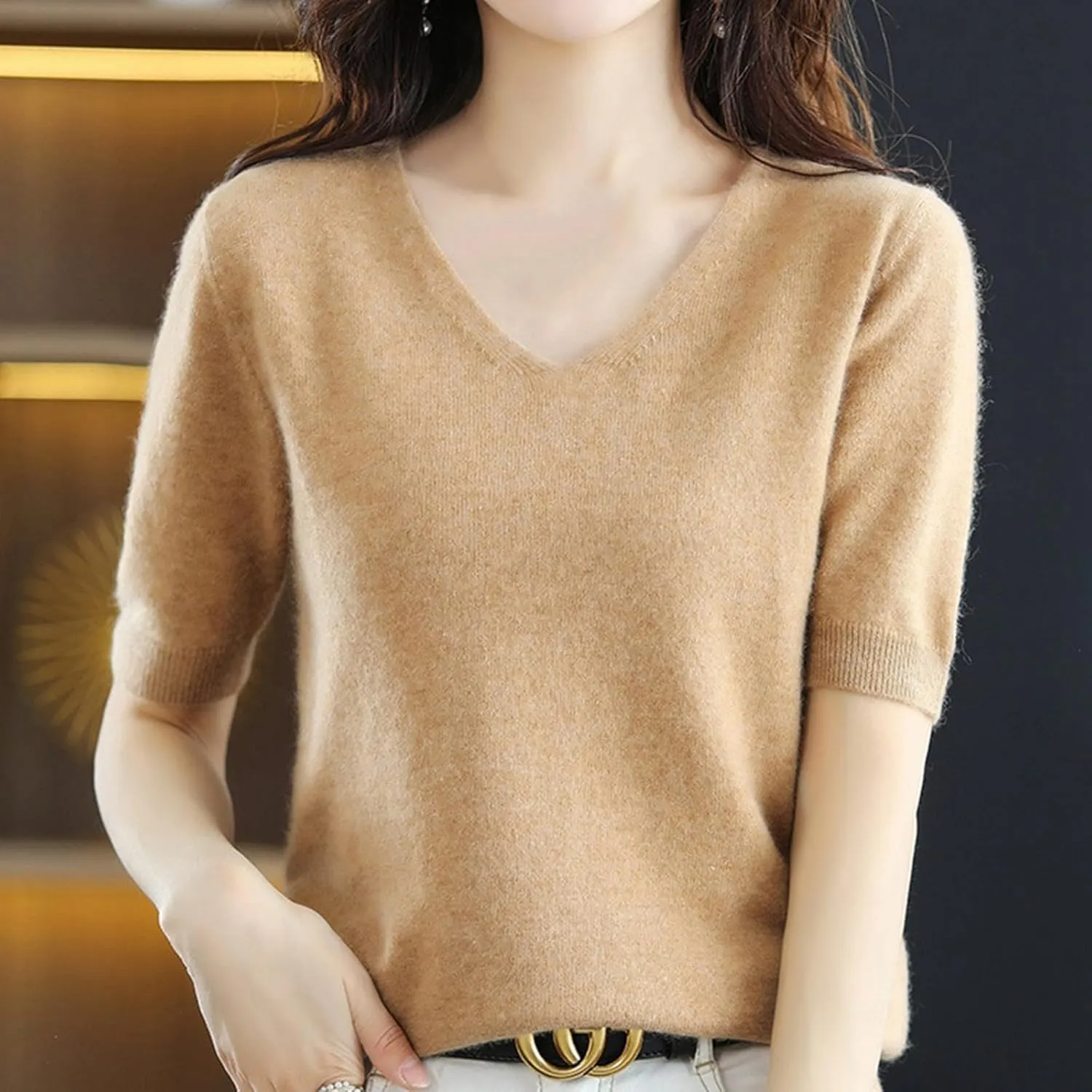 Women's Cashmere Sweater Short Sleeve V Neck Wool Base Layer Pullover Sweaters Fall Lightweight T Shirt Tops