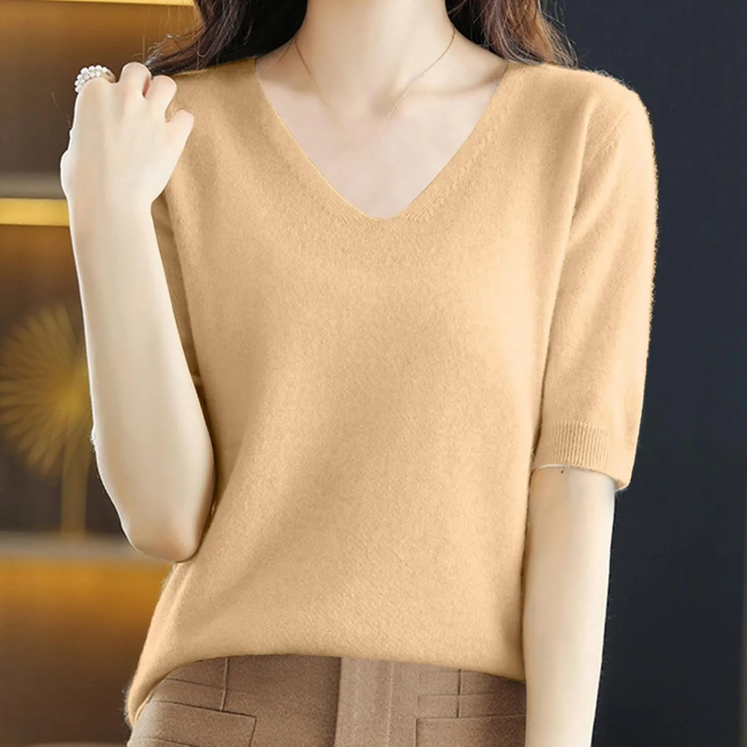 Women's Cashmere Sweater Short Sleeve V Neck Wool Base Layer Pullover Sweaters Fall Lightweight T Shirt Tops