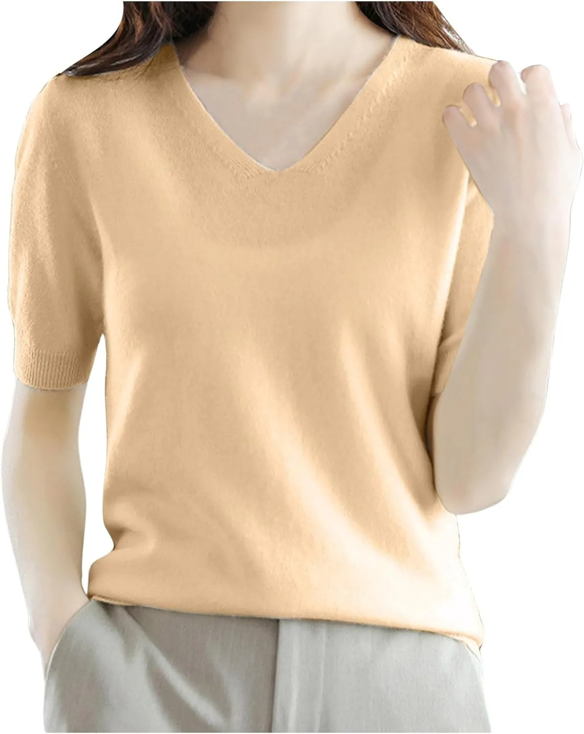Women's Cashmere Sweater Short Sleeve V Neck Wool Base Layer Pullover Sweaters Fall Lightweight T Shirt Tops
