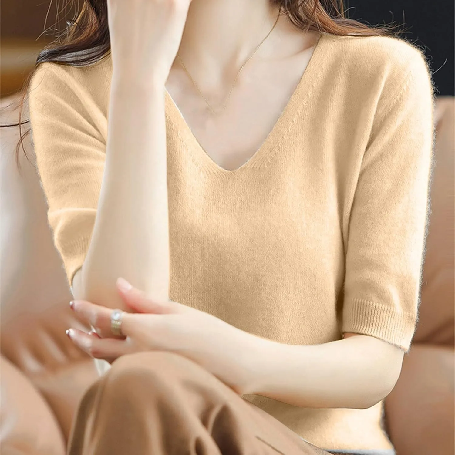 Women's Cashmere Sweater Short Sleeve V Neck Wool Base Layer Pullover Sweaters Fall Lightweight T Shirt Tops