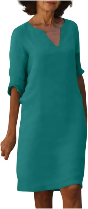 Women's Casual Dresses Summer Vintage Solid Color Print Cotton Linen Dress Fashion Casual V-Neck Half Sleeve Dress