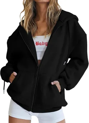 Women's Casual Fall Winter Coats Solid Zip Up Hoodie Fashion Zipper Hooded Blouse Long Sleeve Sweatshirt with Pockets
