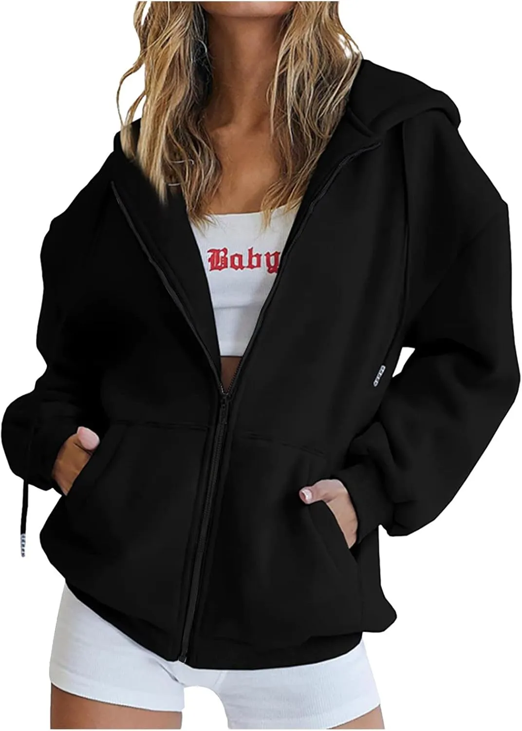 Women's Casual Fall Winter Coats Solid Zip Up Hoodie Fashion Zipper Hooded Blouse Long Sleeve Sweatshirt with Pockets