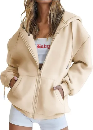 Women's Casual Fall Winter Coats Solid Zip Up Hoodie Fashion Zipper Hooded Blouse Long Sleeve Sweatshirt with Pockets