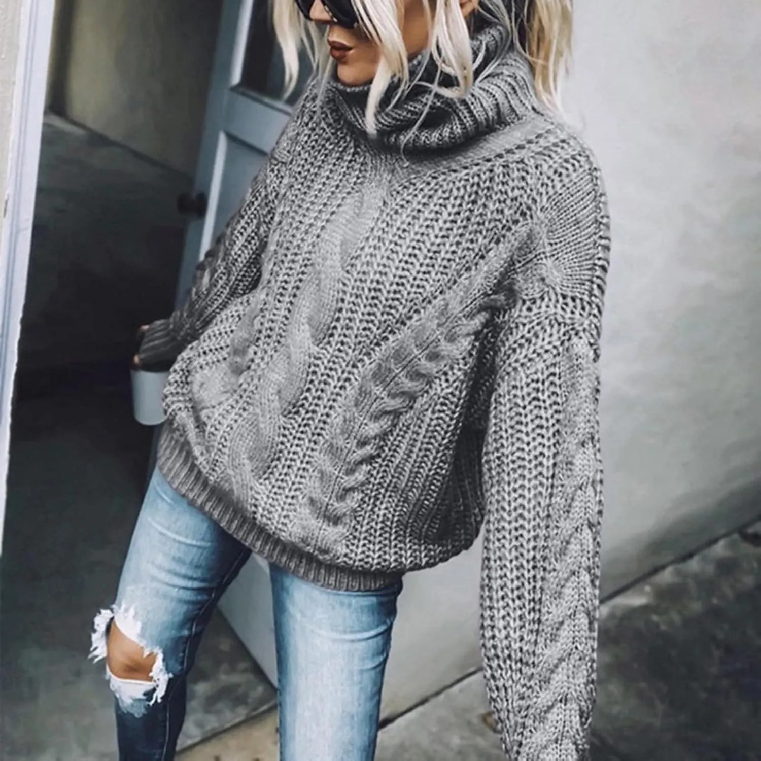 Womens Casual Long Sleeve Turtleneck Sweaters Knit Cable Chunky Pullover Oversized Sweaters Fashion Fall Outfits 2023