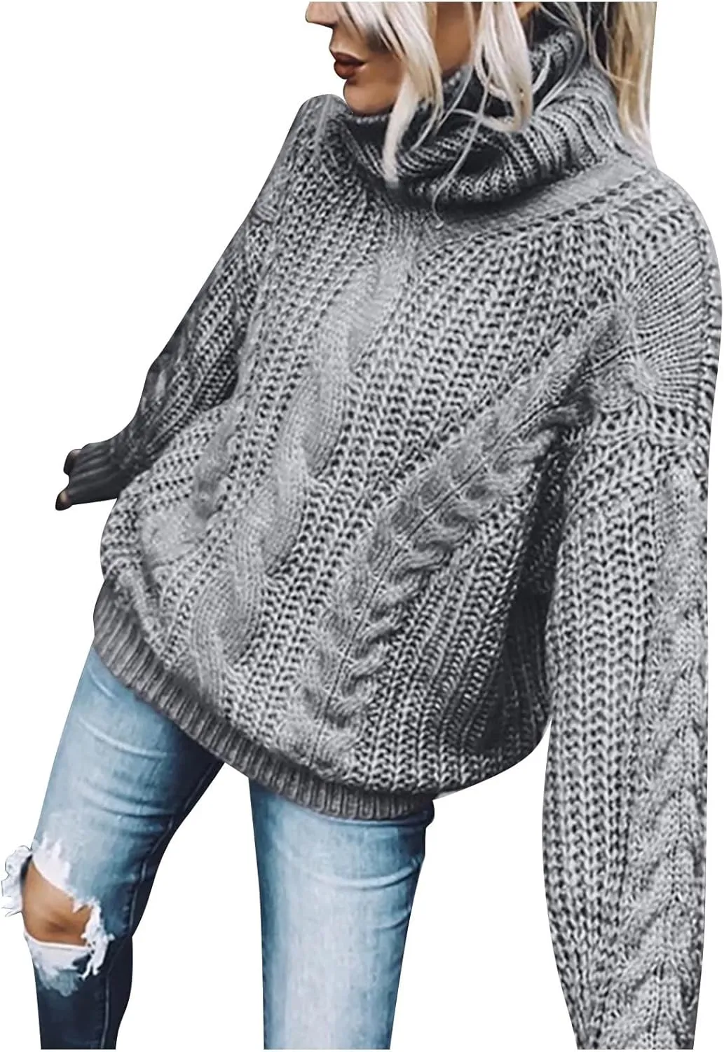 Womens Casual Long Sleeve Turtleneck Sweaters Knit Cable Chunky Pullover Oversized Sweaters Fashion Fall Outfits 2023
