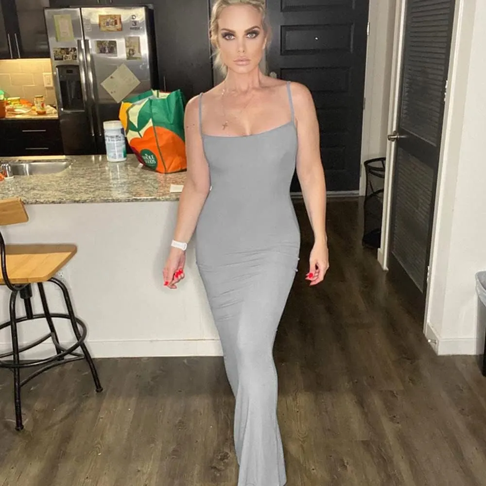 Women's Casual Lounge Slip Long Dress Sleeveless Bodycon Maxi Dresses Solid Color