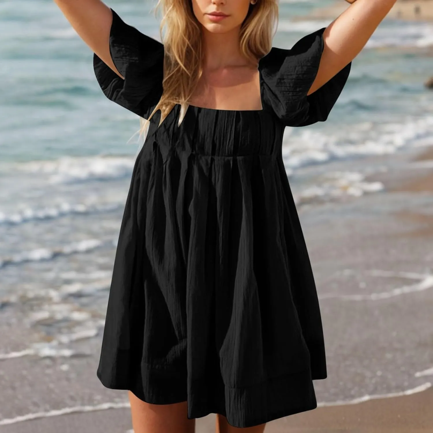 Women's Casual Summer Dress Babydoll with Statement Puff Sleeves, Pleated Detailing and Cinch Tie-Back Mini Dresses