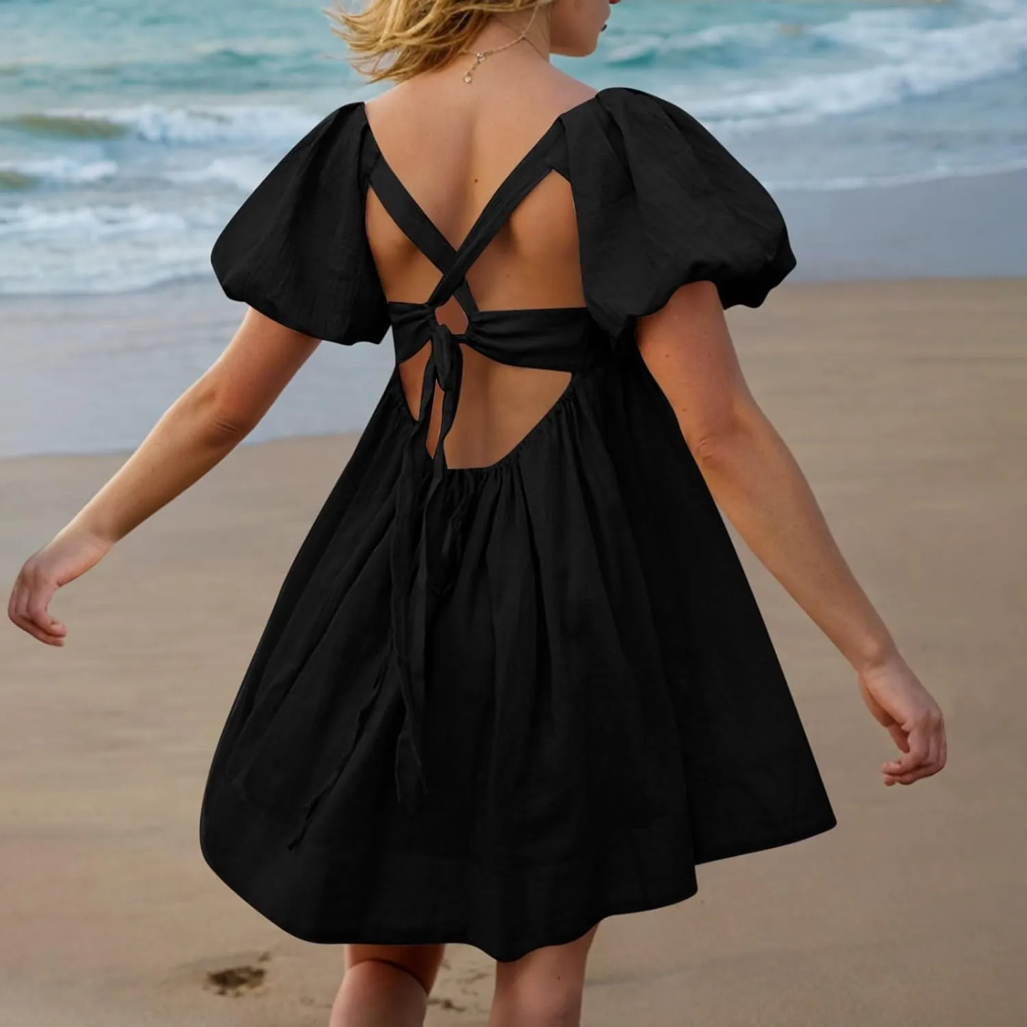 Women's Casual Summer Dress Babydoll with Statement Puff Sleeves, Pleated Detailing and Cinch Tie-Back Mini Dresses