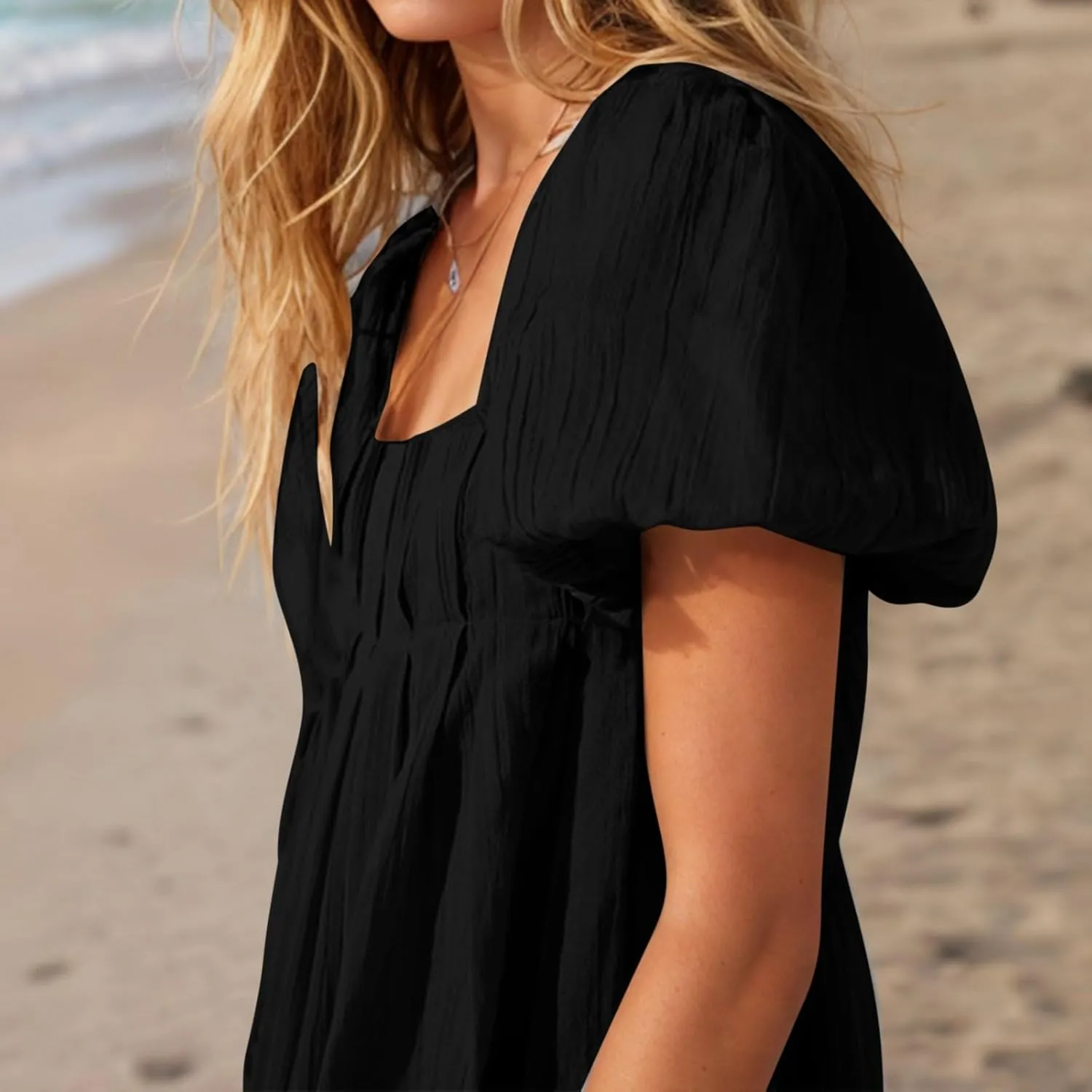 Women's Casual Summer Dress Babydoll with Statement Puff Sleeves, Pleated Detailing and Cinch Tie-Back Mini Dresses