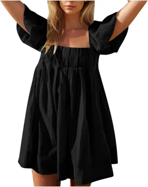 Women's Casual Summer Dress Babydoll with Statement Puff Sleeves, Pleated Detailing and Cinch Tie-Back Mini Dresses