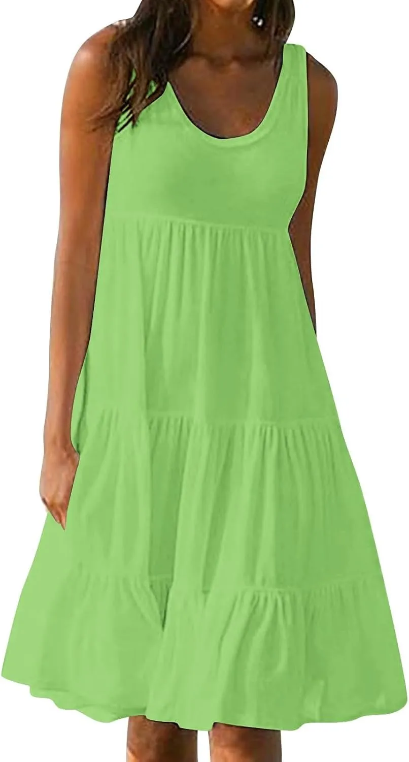 Women's Casual Summer Dresses Beach Vacation Sundress Ruffle Hem Mini Tank Dress Cute Flowy Dresses for Teen Girls