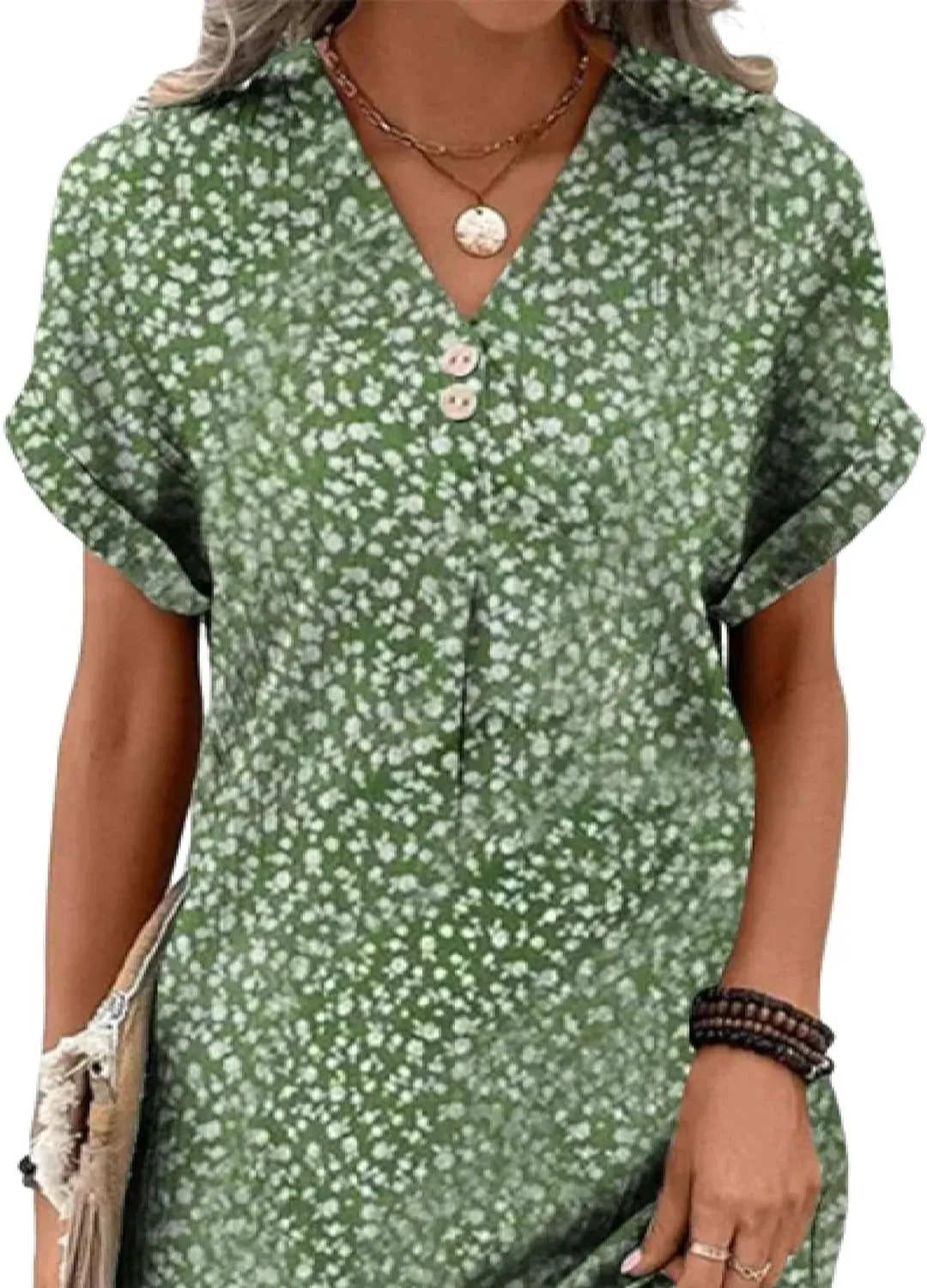 Women's Chic Green Floral Print Short Sleeve V Neck Shift Button-Down Mini Dress 2025 Summer Casual Beach Party Dresses
