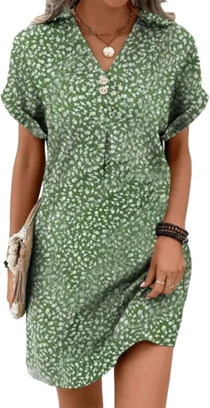 Women's Chic Green Floral Print Short Sleeve V Neck Shift Button-Down Mini Dress 2025 Summer Casual Beach Party Dresses