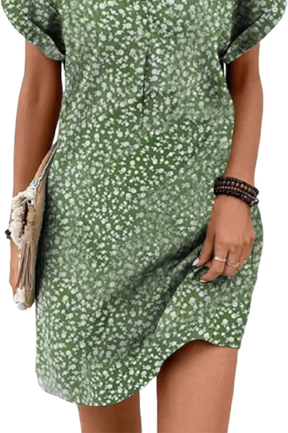 Women's Chic Green Floral Print Short Sleeve V Neck Shift Button-Down Mini Dress 2025 Summer Casual Beach Party Dresses