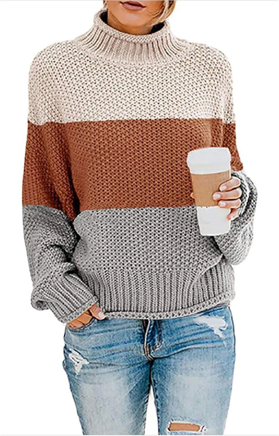 Womens Chunky Cable Knitted Sweaters Casual Loose Colorblocked Crew Neck Sweater 2024 Winter New Knit Basic Sweaters