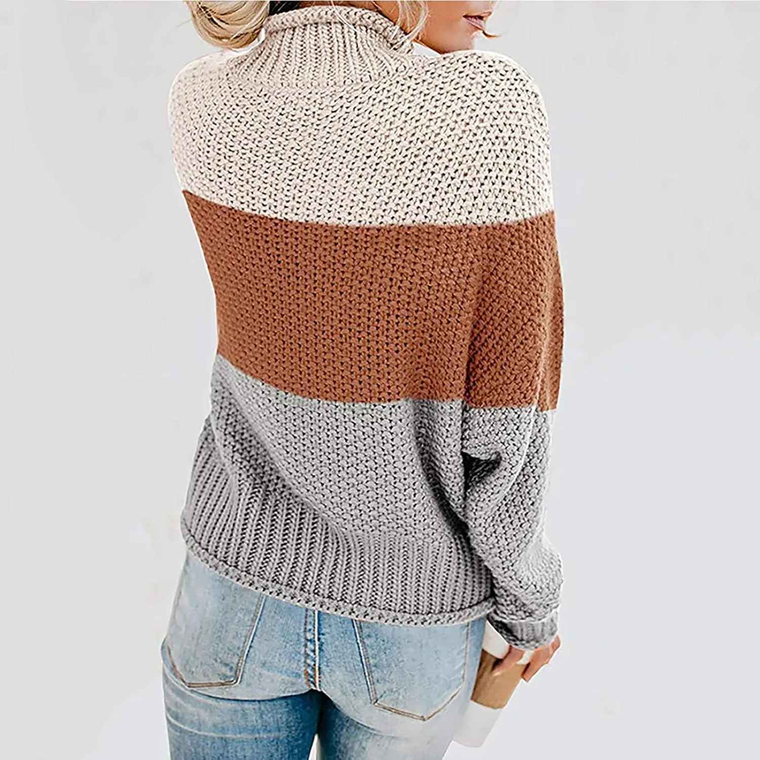 Womens Chunky Cable Knitted Sweaters Casual Loose Colorblocked Crew Neck Sweater 2024 Winter New Knit Basic Sweaters