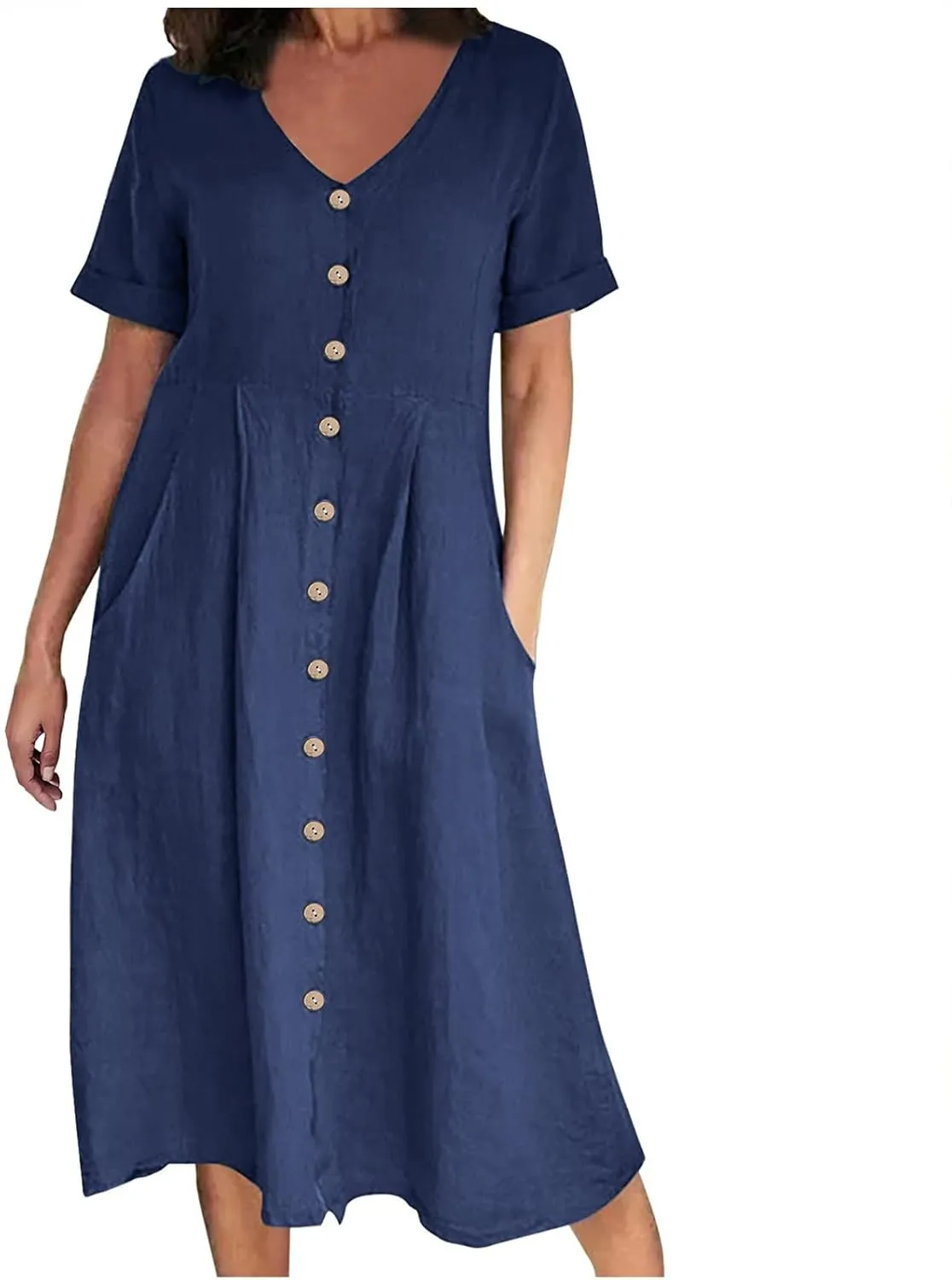 Women's Cotton Linen Button Down Dress Casual V Neck Short Sleeve Maxi Dresses Solid Color Lightweight Loose Outfits