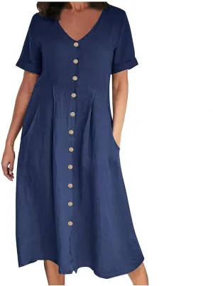 Women's Cotton Linen Button Down Dress Casual V Neck Short Sleeve Maxi Dresses Solid Color Lightweight Loose Outfits