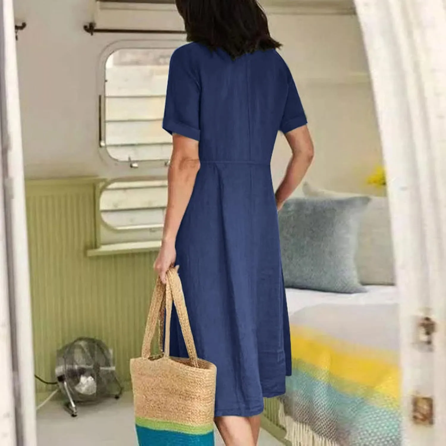 Women's Cotton Linen Button Down Dress Casual V Neck Short Sleeve Maxi Dresses Solid Color Lightweight Loose Outfits